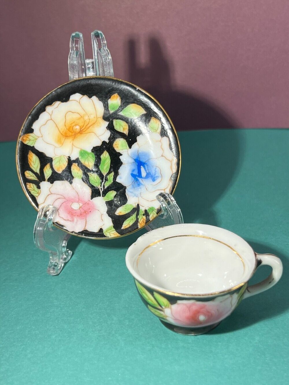 MINIATURE Tea Cup W/Saucer Made in Occupied Japan Handpainted Black / Floral